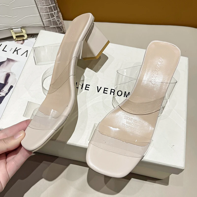 Big Size 42 Women Summer Slippers Transparent PVC Sexy Square Toe Pearl High Heels Sandals Wedding Party New Shoes Mujer Zapatos