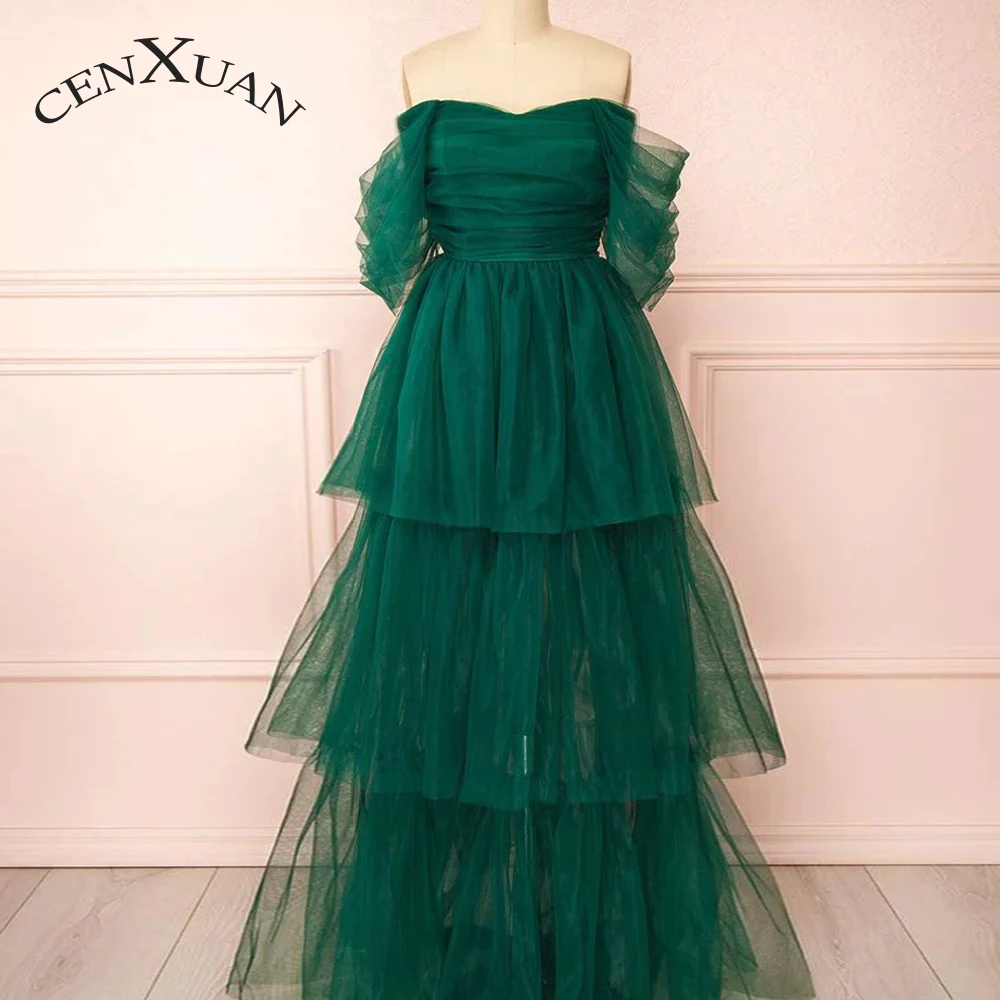

CENXUAN Simple A-line Formal Occasion Dresses Strapless Off the Shoulder Tiered Pleat Backless Robes De Soirée Custom Made