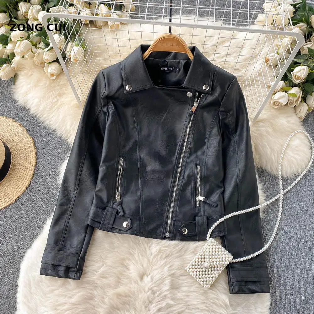 

2021 Autumn Women Black Pu Leather Jacket Ladies Vintage Long Sleeve Moto Zipper Faux Leather Jacket Korean Fashion Tide Coat