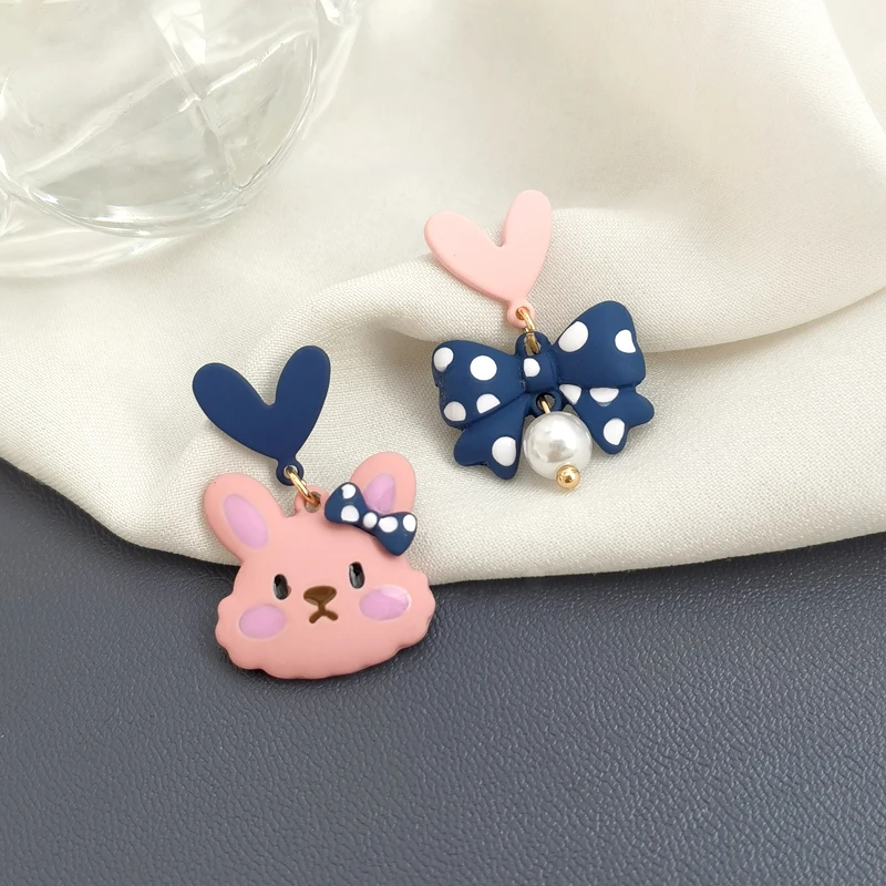 

925 Silver Needle Cute Jewelry Little Rabbit Bowknot Heart Earrings Pretty Coating Asymmetrical Drop Earrings For Women Gifts