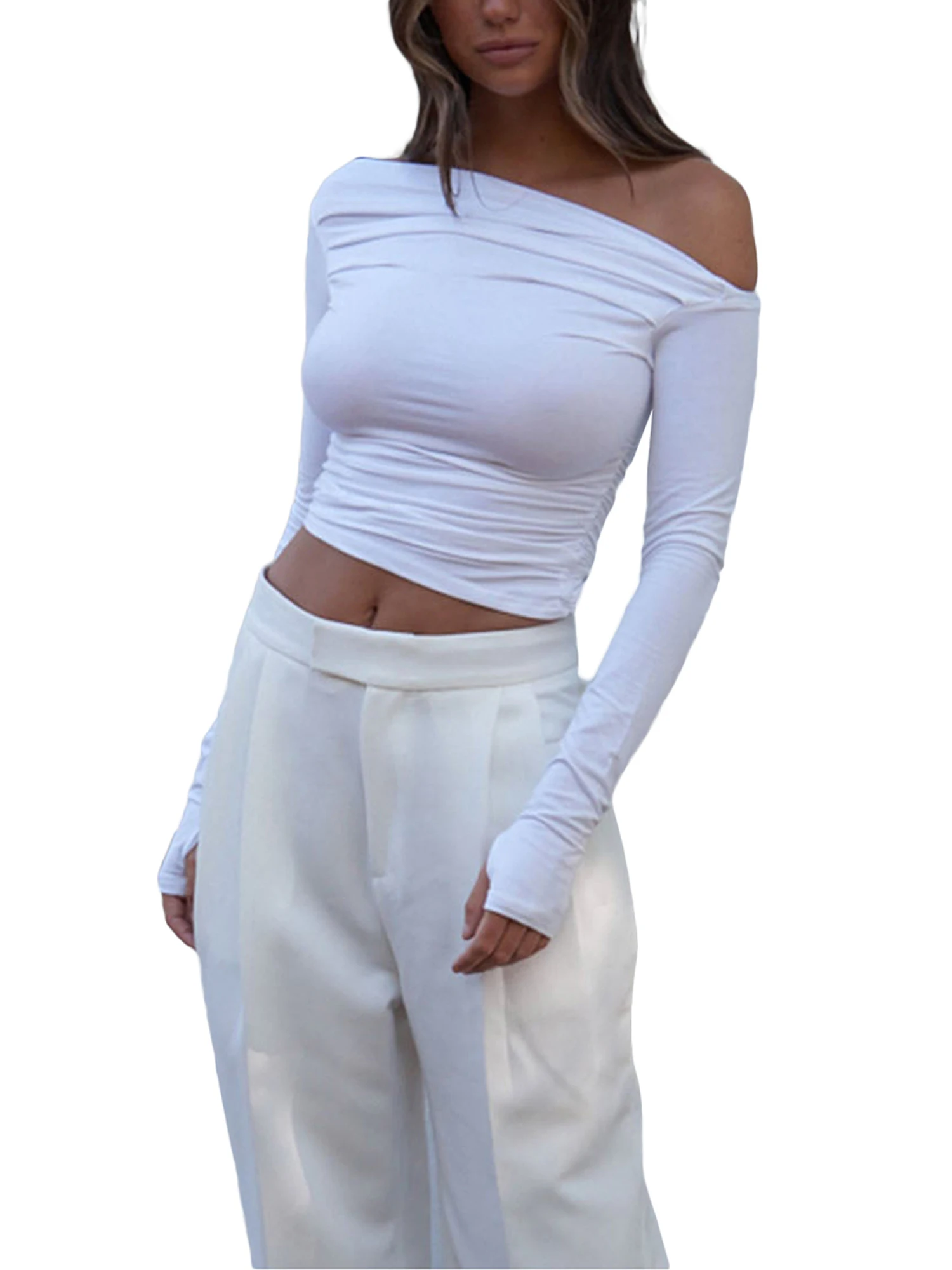 

Mesh See Through Lady Folds Crop Tops Full Sleeve Slash Neck Basic Color Sheer Women Tee Summer Club Shirts