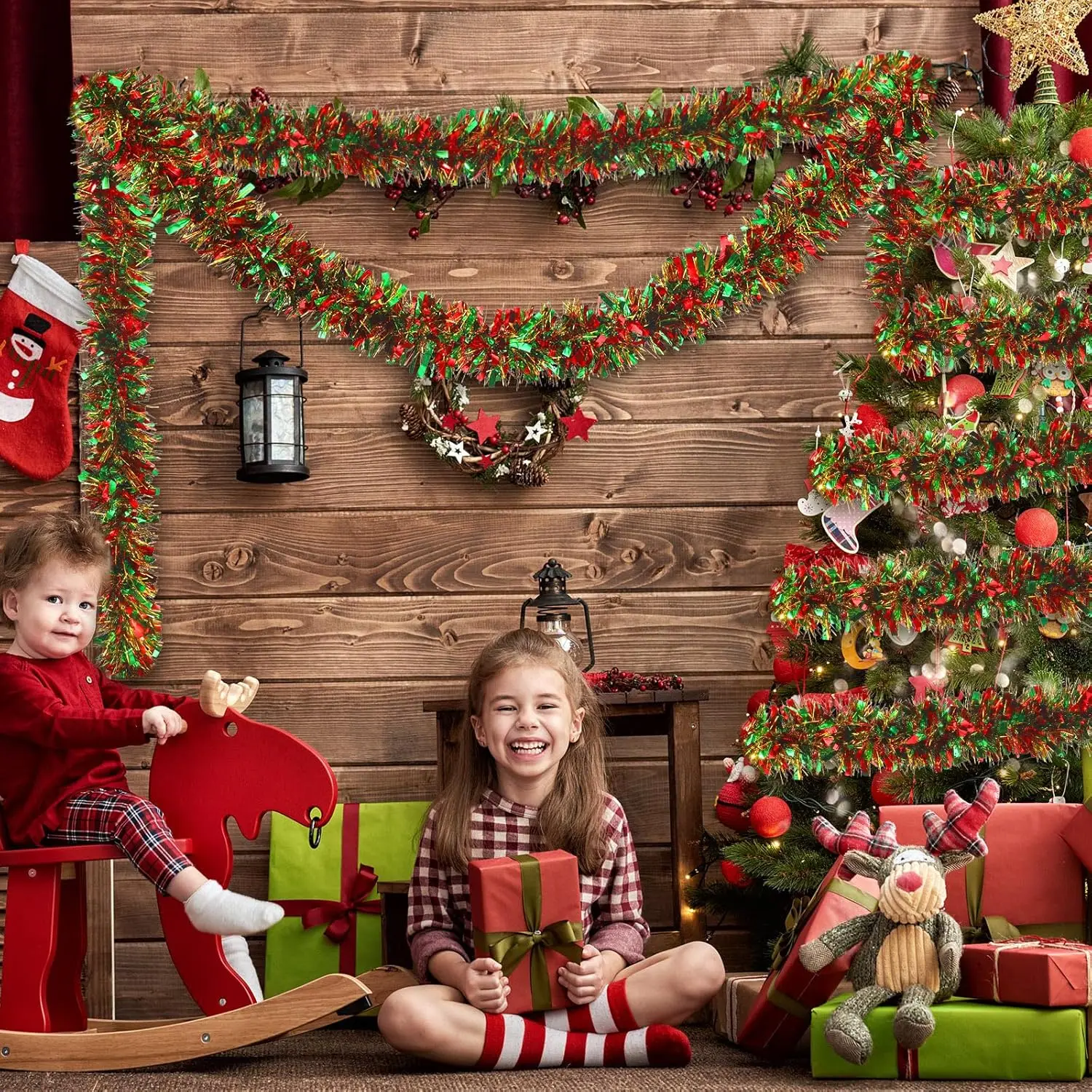 Рождественская гирлянда с мишурой металлическая мишура поворотная блестящая