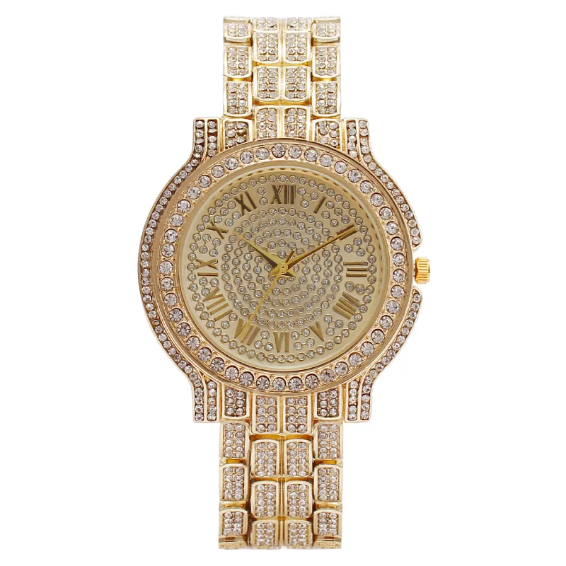 

Luxury Round Quartz Roma Dial Casual Watches Stainless Strap Fashionable Full Rhinestone Clock Waterproof Wristwatch for Women