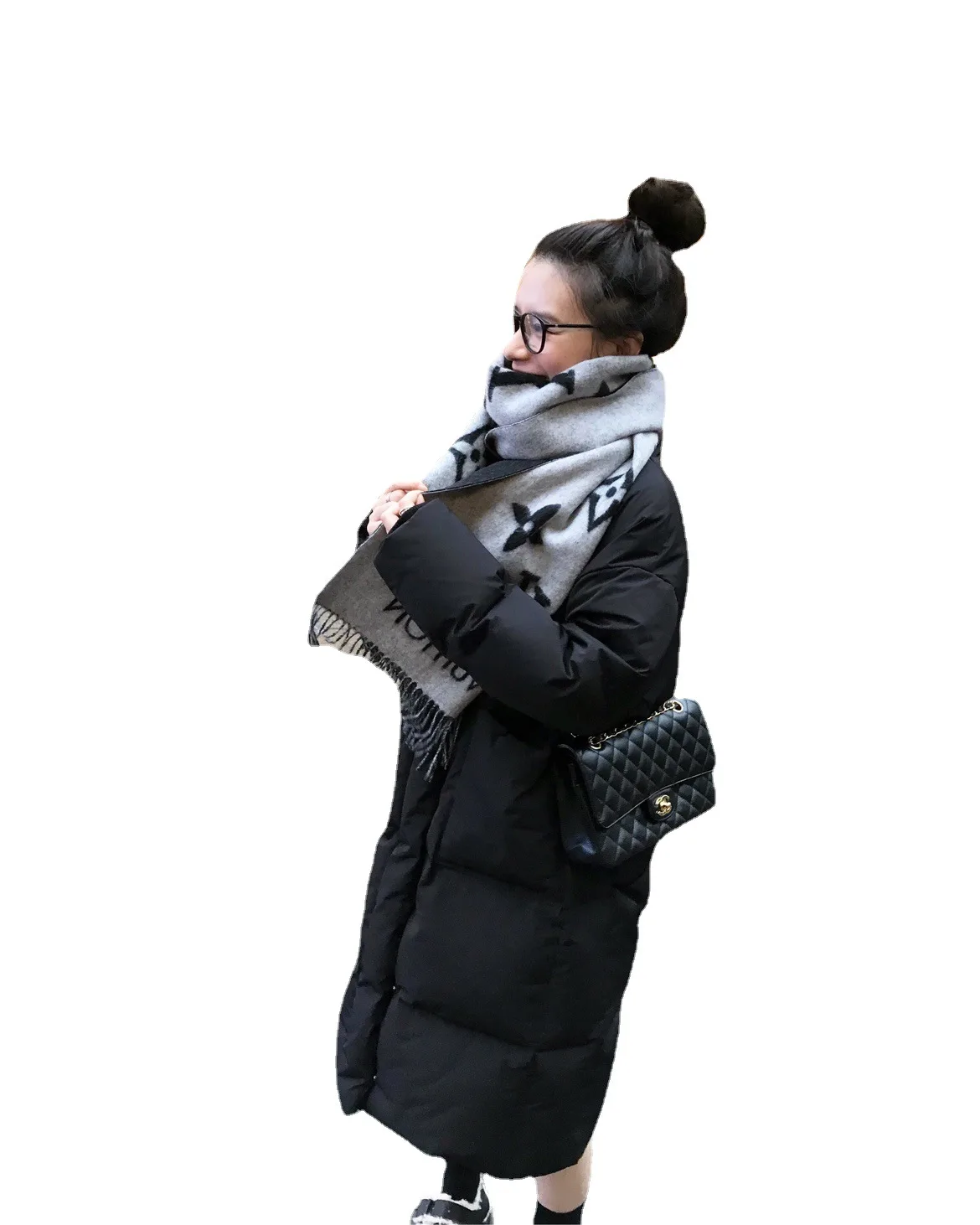 White duck down stand collar down jacket women's medium long loose thin coat