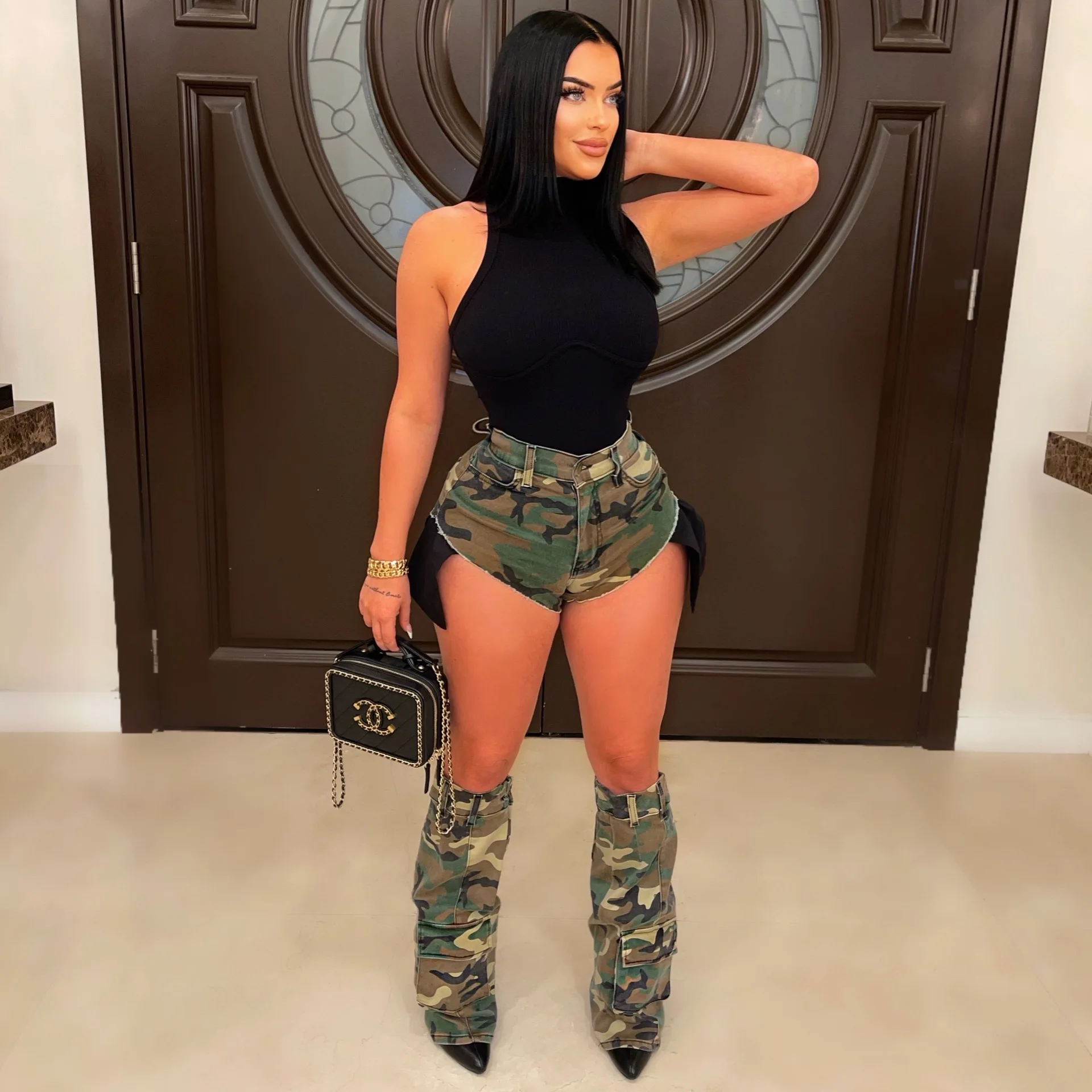 Women Sexy Camouflage Shorts with Leg Socks 2023 Summer Irregular Pocket Fashion Army Green Streetwear Pant Sets