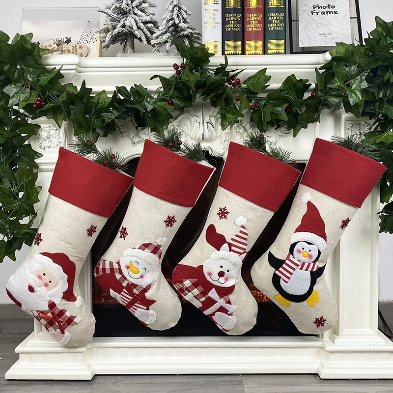 

Christmas Stocking Large Xmas Gift Bags Fireplace Decoration Santa Claus Snowman Elk Cartoon Penguin Socks Home New Year Decor