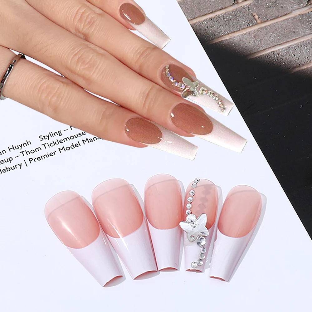 

3D Butterfly Long Coffin 24Pcs/Box White Full Cover Detachable Artificial Press On Nails French False Nails with Glue Stick
