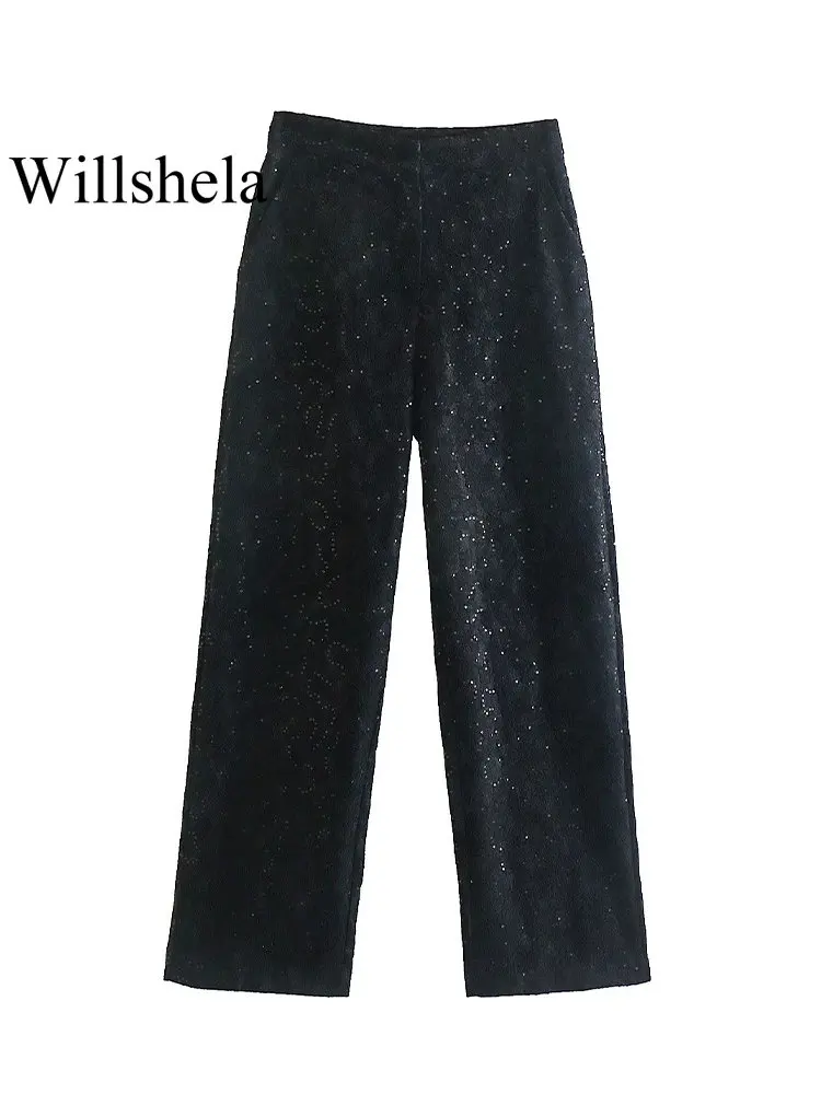 

Willshela Women Fashion With Sequined Black Front Zipper Trousers Vintage High Waist Full Length Female Chic Lady Straight Pants