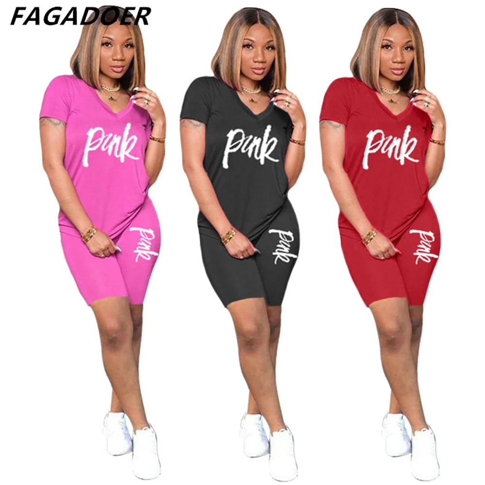 

FAGADOER Pink Letter Print Tshirt Biker Short Suit Two Piece Outfit Summer Solid Casual Matching Outfits Streetwear Tracksuits
