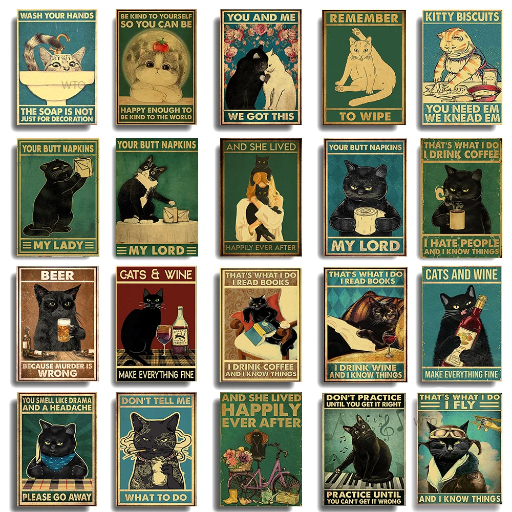 

Vintage Black Cat Poster Daily Life Your Butt Napkins Moon Child Wine Beer Take A Bath Painting Wall Art Decor RoomCanvas Poster