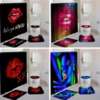 waterproof bathroom shower curtain set with 12 hook toilet seat cover bath mat non slip rug carpet red lips christmas home decor