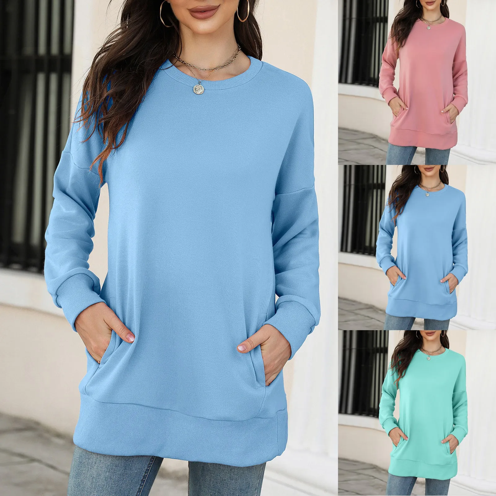 

Women Pockets Hoodless Pullover Sweatshirt Round Neck Loose Long Sleeves Blouse Ladies Oversize Solid Color Tops рубашка женская