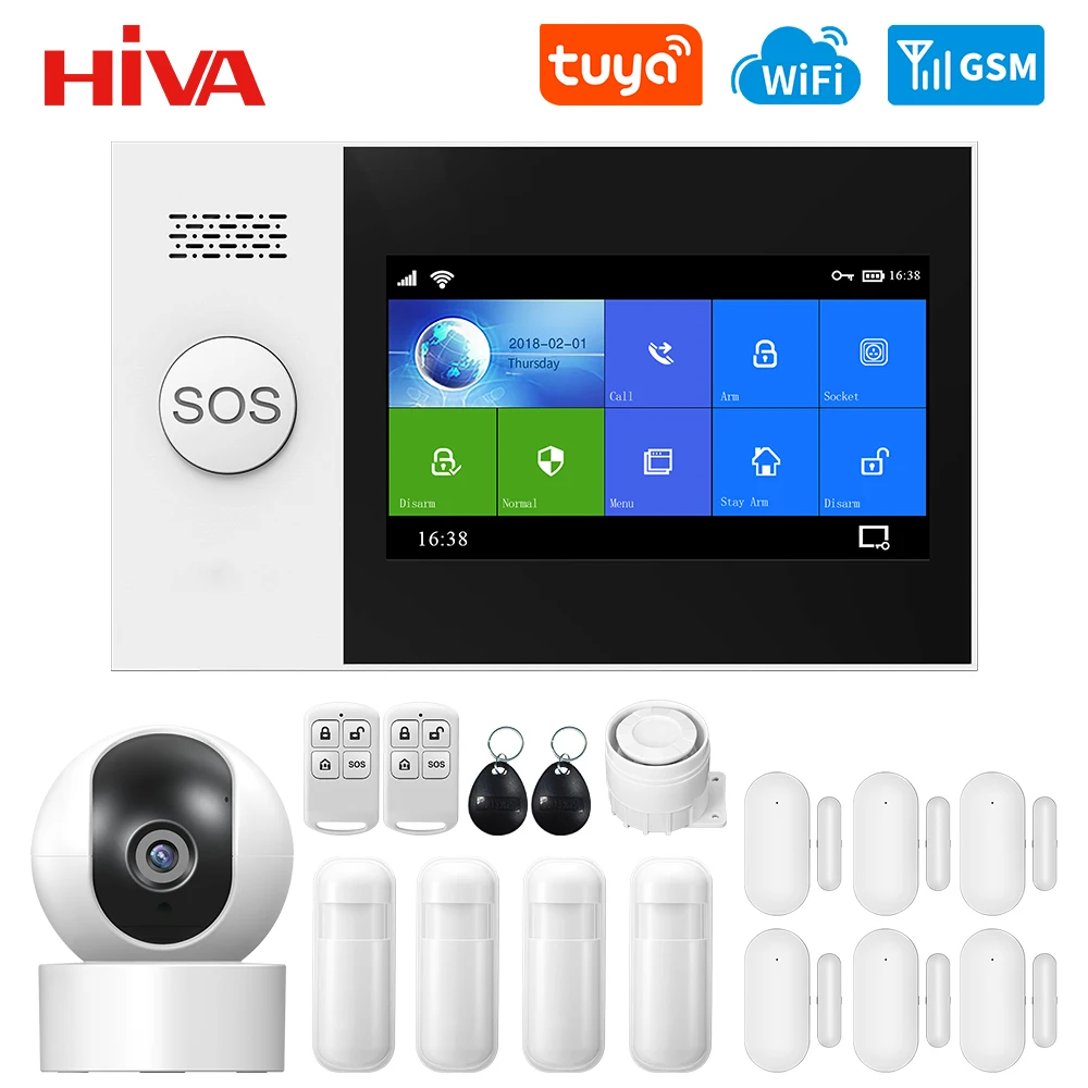 PG-107 Tuya Wireless WIFI GSM Home Burglar Alarm System IP Camera PIR Motion Sensor Door Sensor Security Alarm Kit APP Control