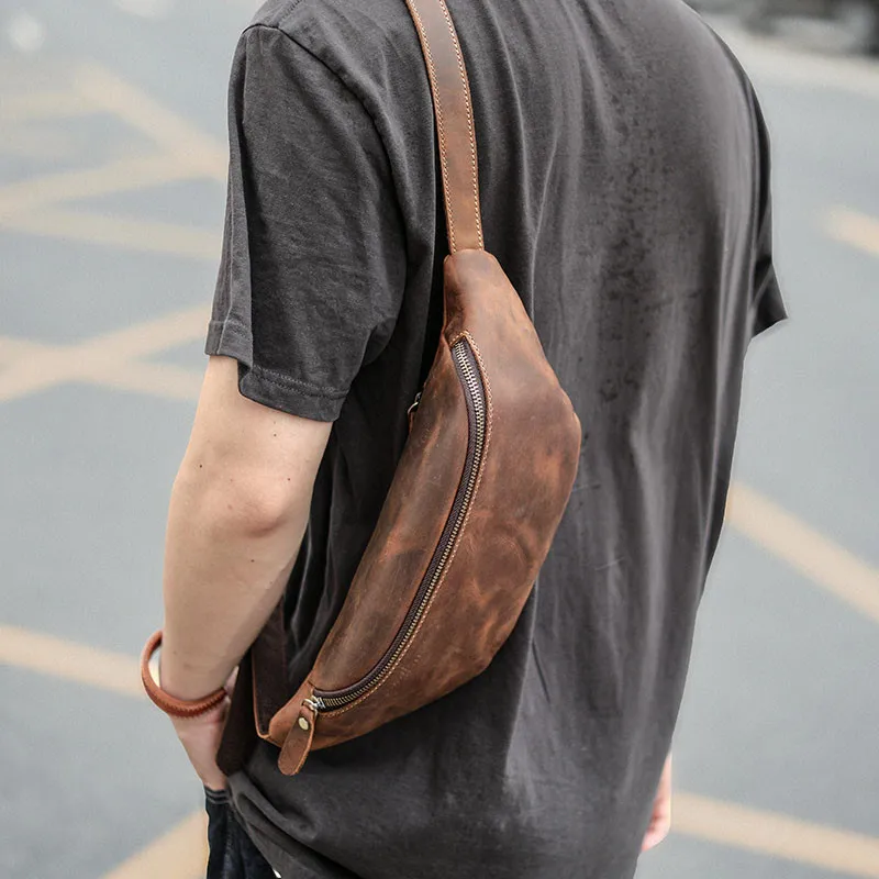 Retro fashion crazy horse  leather backpack riding men's shoulder bag natural real cowhide waist bag  shoulder  small chest bag