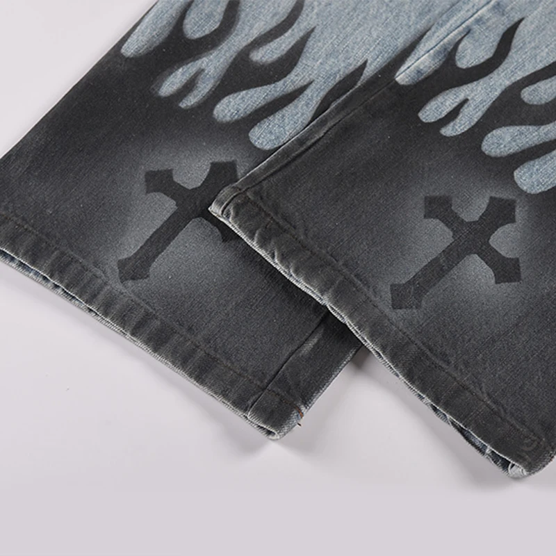 Men Jean Mid Waist Straight Baggy Pants Korean Fashion Male Printed Pocket Trend Denim Trousers Jeans Homme  Y2k Men Clothes