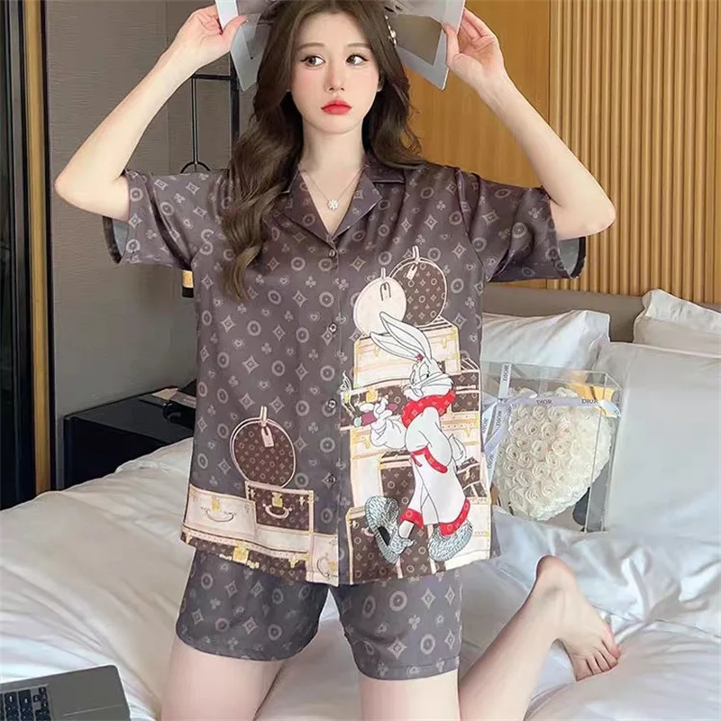 2023 New Summer Ice Silk Women's Pajamas, Short Sleeved and Shorts Set, Fashionable Celebrities Thin Popular Style Sleepwear