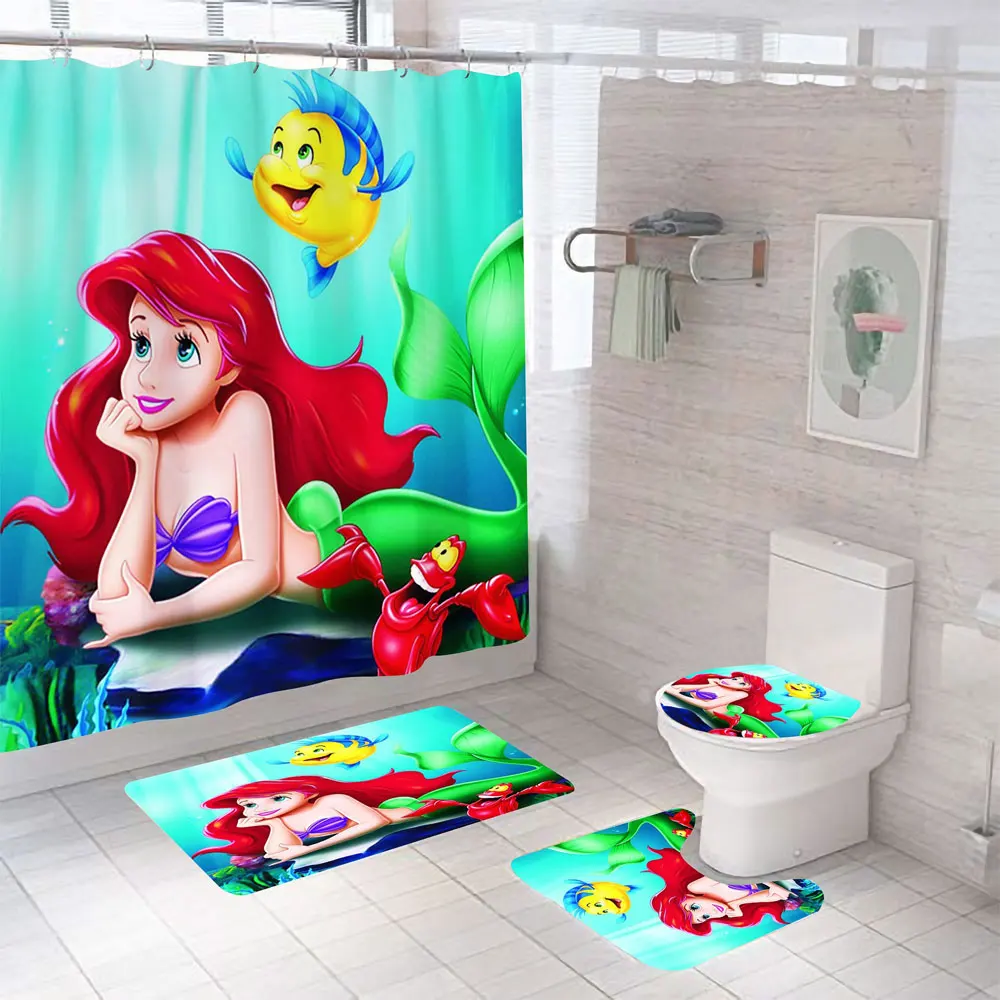 

Disney The Little Mermaid Cartoon Waterproof Shower Bath Curtain Set Bathroom Non-slip Mat Pedestal Rug Lid Toilet Cover Mat