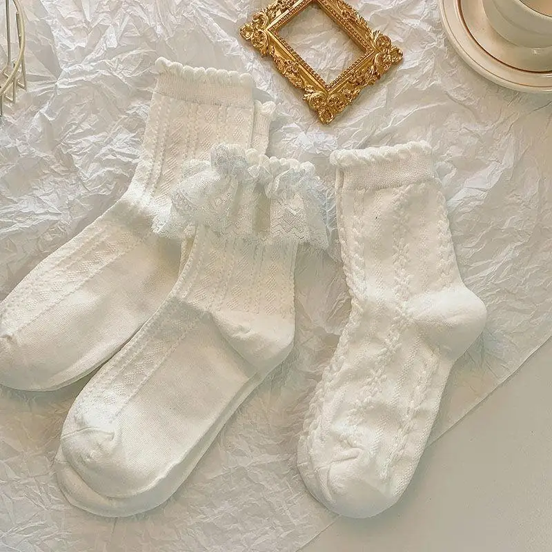 5 Pairs Lolita Socks White Bow Lace Socks Middle Tube Japanese College Style Princess Socks Sweet JK Streetwear Hosiery