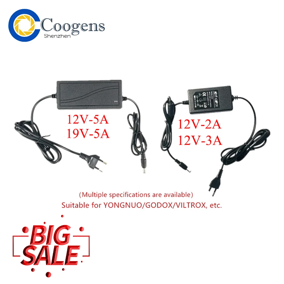 

100-240V AC power adapter 3A-12V/5A-12V/5A-19V EU Plug DC 5.5mm x 2.1-2.5mm for Yongnuo Godox Viltrox LED video Lamp