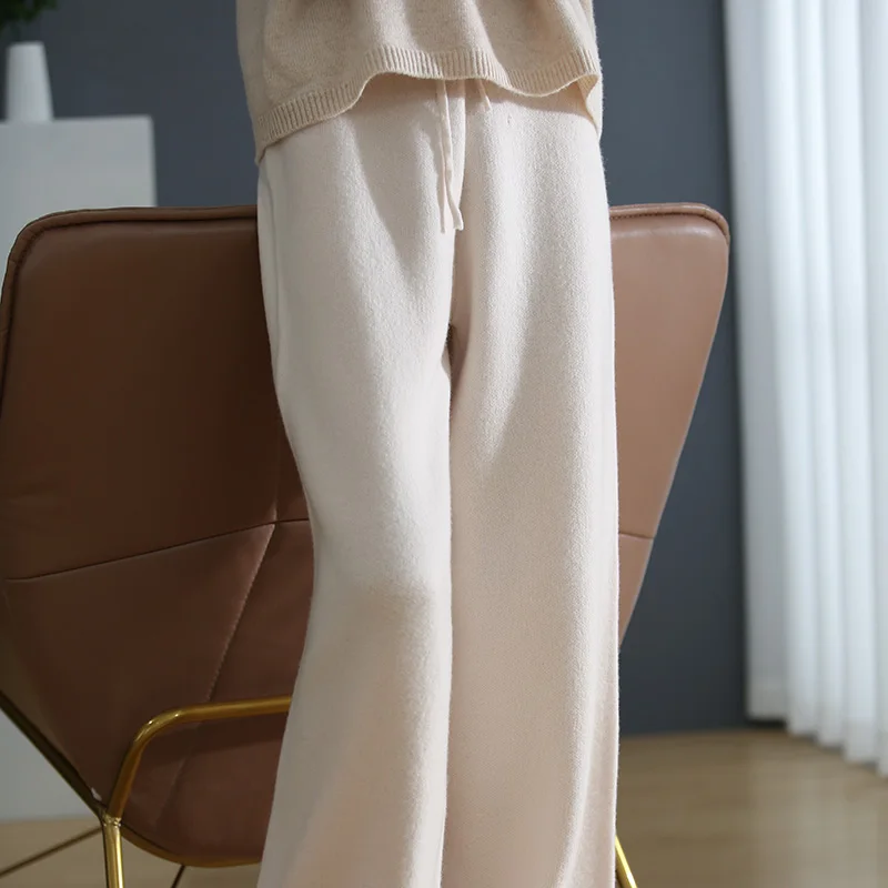 High-grade high-quality 100% cashmere wool ladies wide-leg pants solid color long knitted autumn and winter new wool women's