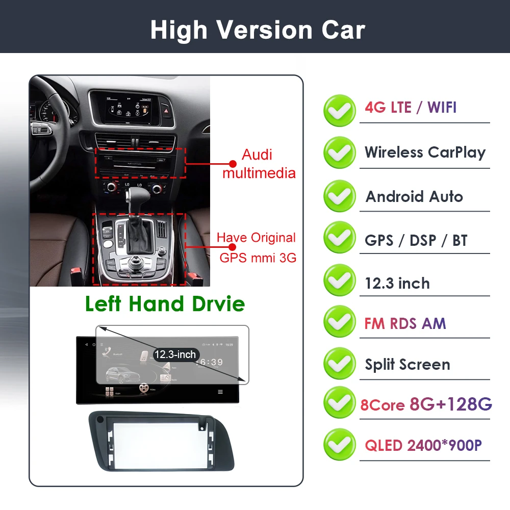 

Android14 для Audi Q5 2009-2017 беспроводной CarPlay автомобильный мультимедийный стерео GPS Navi радиоплеер 4G WIFI Bluetooth QLED сенсорный экран