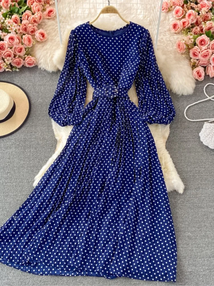 

Женское шифоновое платье в горошек, плиссированное платье миди А-силуэта с длинным рукавом, модная одежда в Корейском стиле, весна-осень 2022