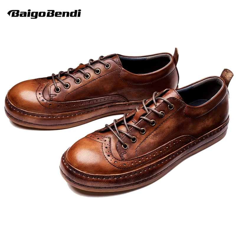 

British Style Man Retro Brogue Full Grain Leather Hand-made Soft Bottom Casual Oxfords Men's Comfort Flat All-match Shoes