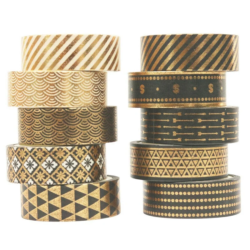 

NEW-10 Rolls Black Gold Foil Washi Tape Set Paper Scrapbooking Adhesive Masking DIY