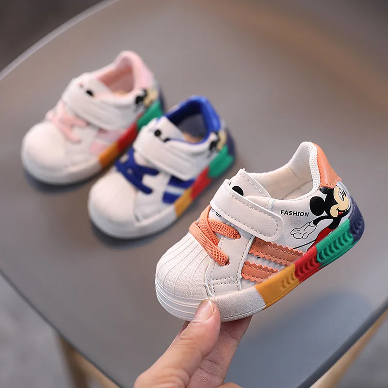 

Disney baby white shoes boys baby shoes girls spring and autumn rainbow single shoes soft bottom toddler shoes