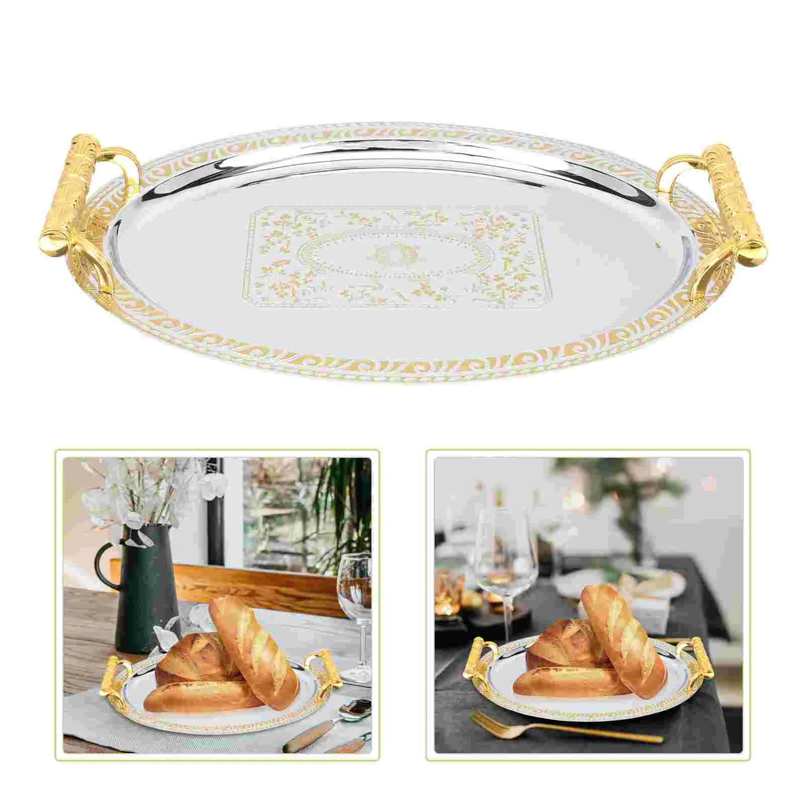 

Tray Serving Coffee Plate Storage Oval Table Metal Cup Stainless Steel Tea Fruit Snack Dessert Ottoman Plates Dish Platter