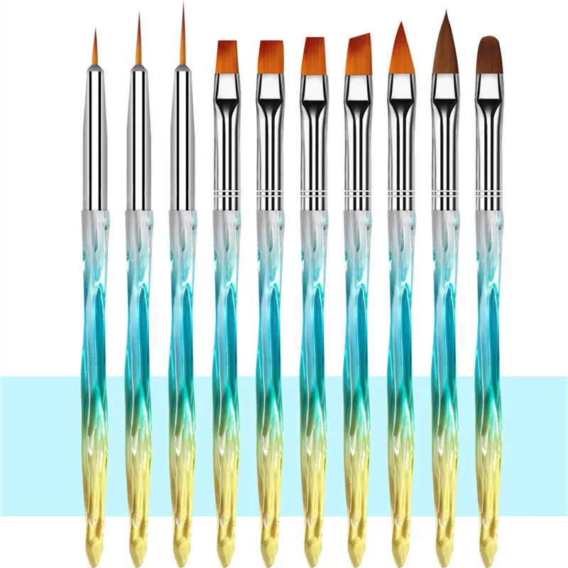 

10Pcs/Set Nail Brushes Gradient Blue Handle Phototherapy Pen Pulling Liner Pen For Manicure Drawing Painting Carving Nail Tools