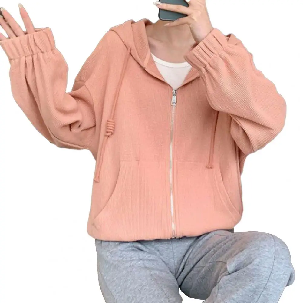 

Hooded Jackets Coat Stylish Women's Waffle Texture Hooded Sweatshirt Cardigan Spring Autumn Women Hoodies Sweatshirts 2023
