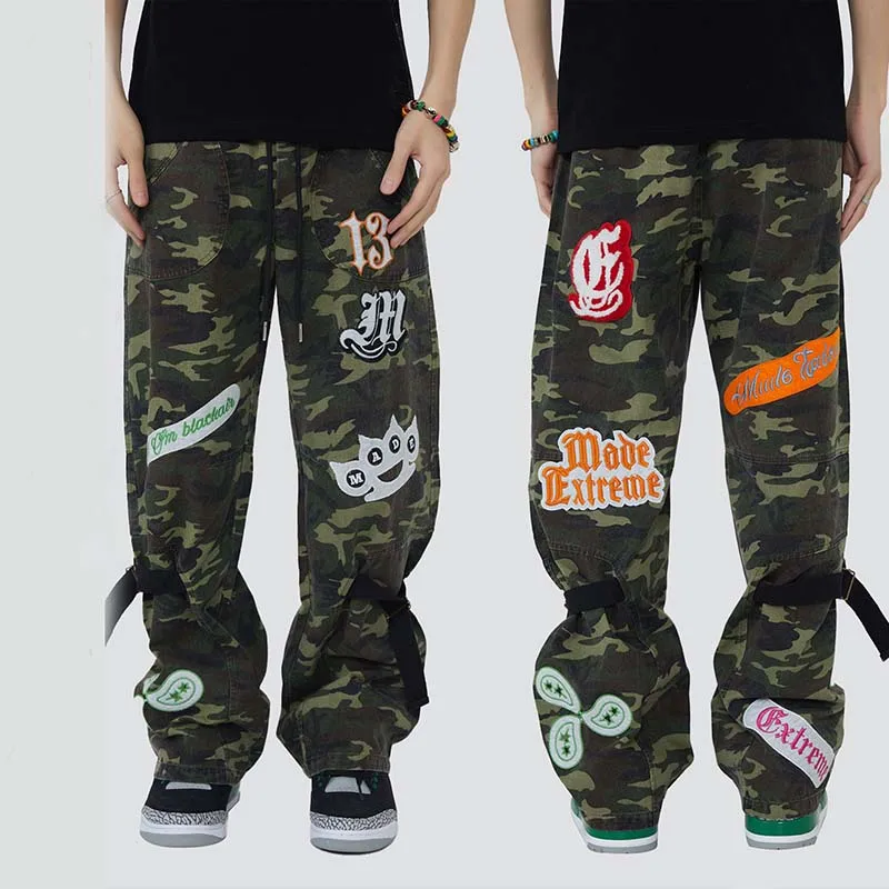 Hip Hop Camouflage Embroidery Casual Jeans Trousers Loose Cargo Harakuju Denim Pants For Male Patchwork Streetwear
