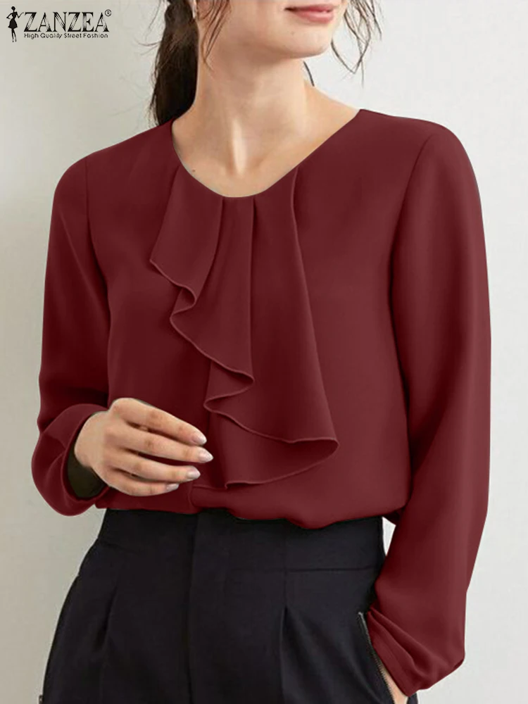 

ZANZEA Elegant Solid Blouse Women Casual Long Sleeve Flouncing Shirt 2022 Spring Office Chemise Femininas Blusa Ruffle Tunic Top