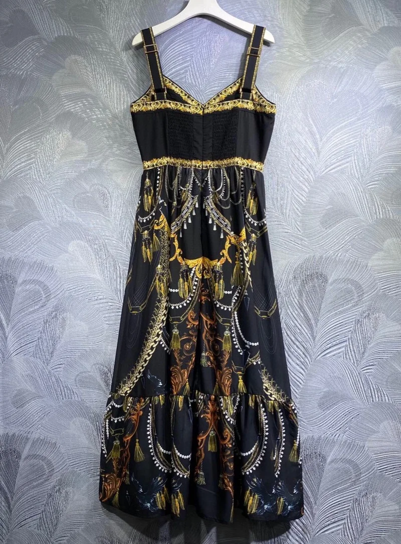 

Женское длинное платье на бретелях-спагетти, черное Повседневное платье без рукавов с винтажным принтом, XXL, лето 2023