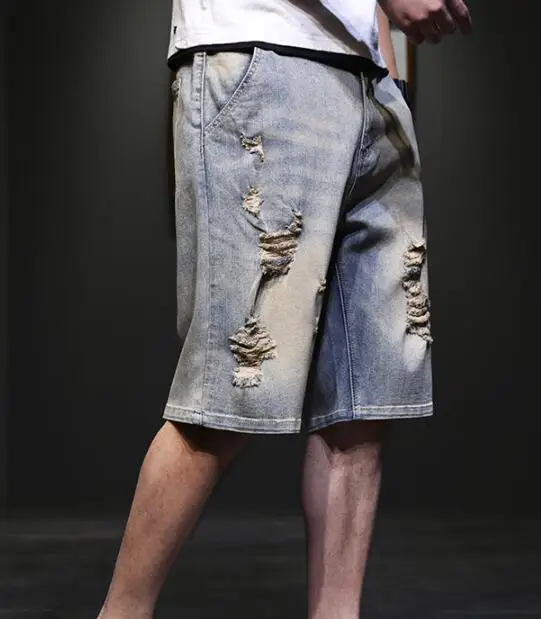 Ripped Jeans Fashion Mens Jeans Streetwear Retro Ripped Hole Jean Shorts Men Summer Denim Knee Length Boardshorts