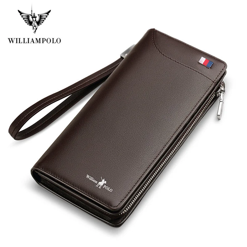 

WILLIAMPOLO Men Wallets Long Style High Quality Card Holder Male Purse Zipper Large Capacity Brand Cow Leather Wallet For Men