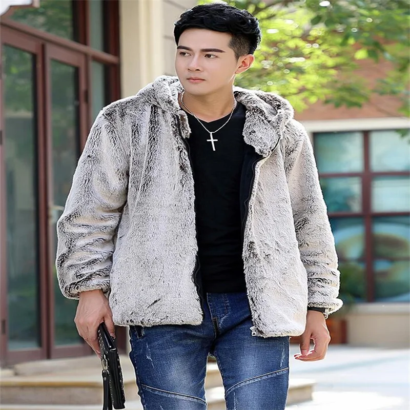 Autumn faux mink leather jacket mens winter thicken warm fur leather coat men slim jackets jaqueta de couro fashion Hooded