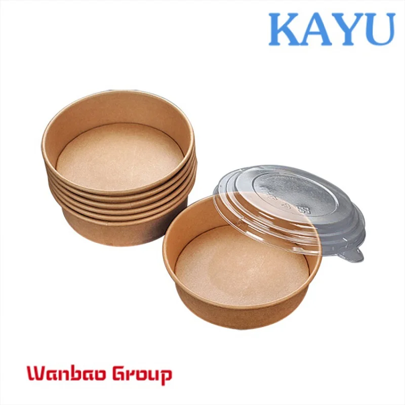 100% Biodegradable Restaurant Takeaway Delivery takeout Disposable Kraft Cardboard Salad Bowl With Pla Lid