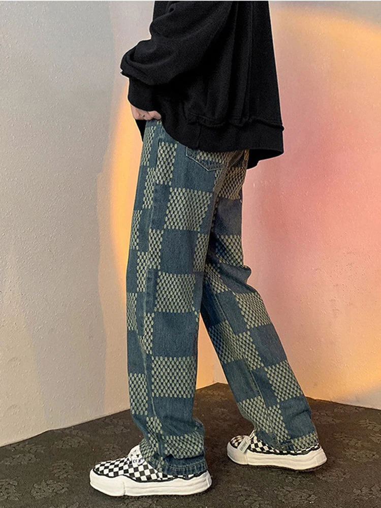 Men's Y2K Baggy Jeans Plaid Trousers Retro Style Y2K Jeans for Men with Super Large Plaid Street Style Baggy Denim Trousers