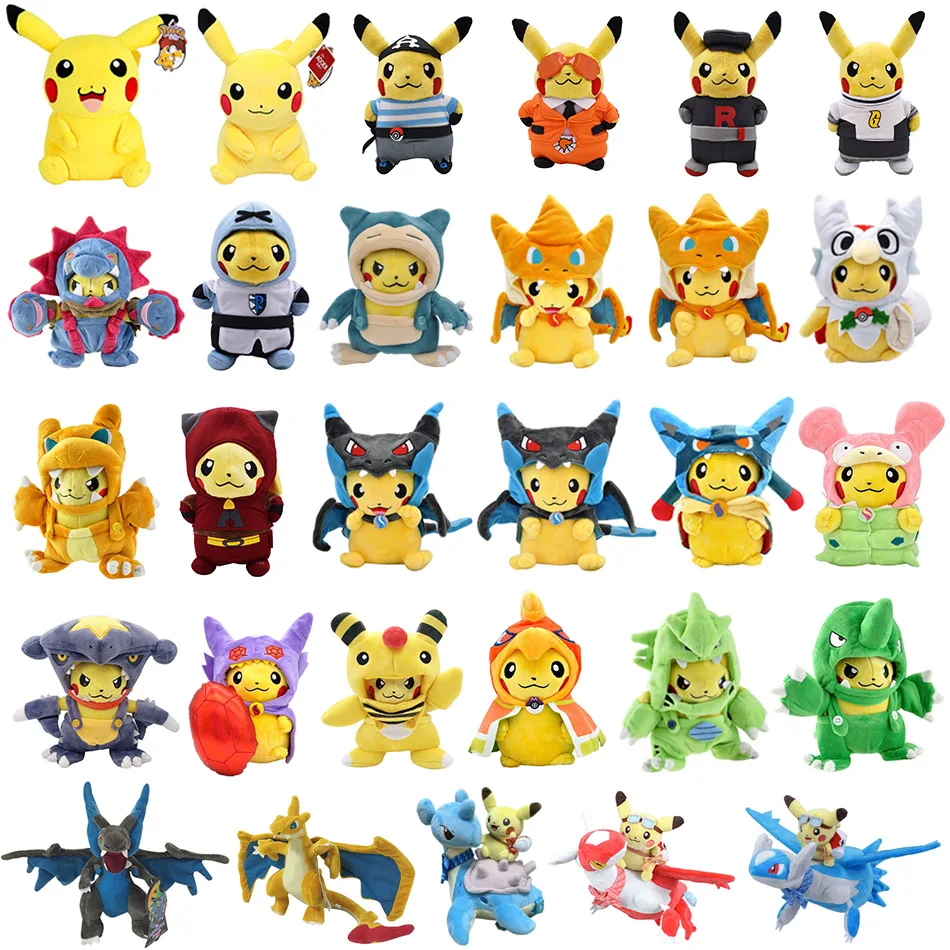 

Cosplay Pikachu Peluche Doll Pokemon Plush Toy Eevee Charizard Snorlax Garchomp Tyranitar Hydreigon Ampharos Lucario Kids Gifts