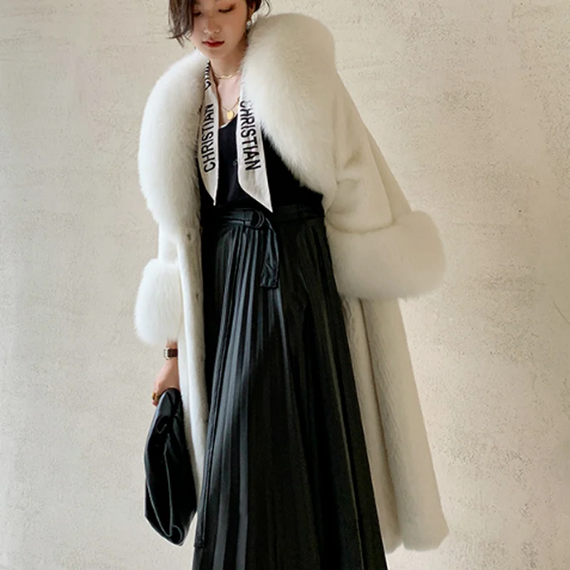 Winter Warm Fur Collar Female Mink Coat New Korean Style Temperament Fashion Slim Long Fur Trim Coat Women Furry 2021