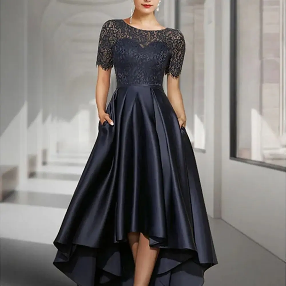 

2022 Mother of the Bride Dresses Dark Navy High Low Vintage Jewel Lace Satin Short Sleeve vestidos de fiesta para bodas