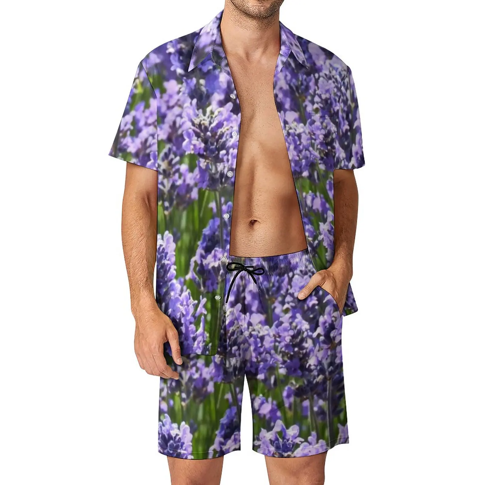 

Lovely Lavender Men Sets England Nature Purple Flowers Casual Shorts Beach Shirt Set Summer Cool Custom Suit Plus Size Clothes