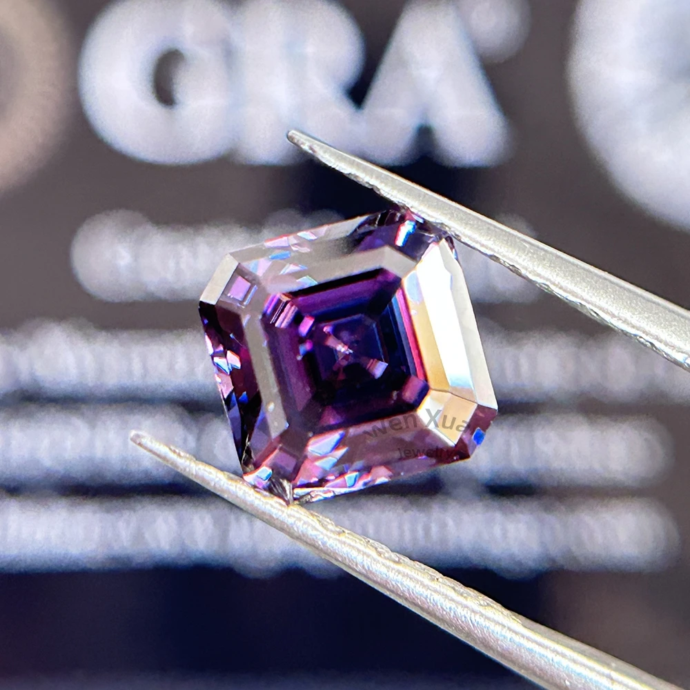 Asscher Cut Яркий Императорский Фиолетовый Цвет VVS1 Свободный Муассанит Камень 6x6-10x10