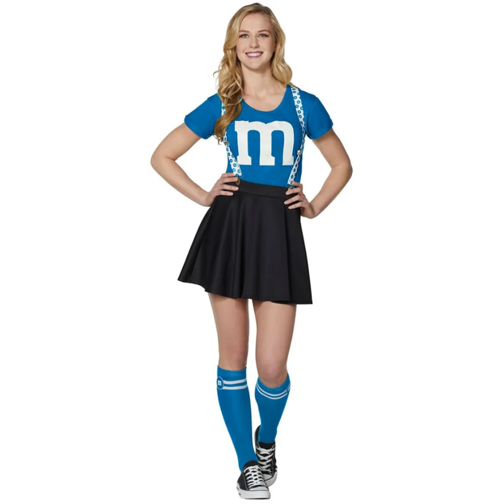 Фото Женский костюм M&M's для взрослых, комплект для Хэллоуина, женская футболка, черная юбка, комплект с чулками для веселой вечеринки №2