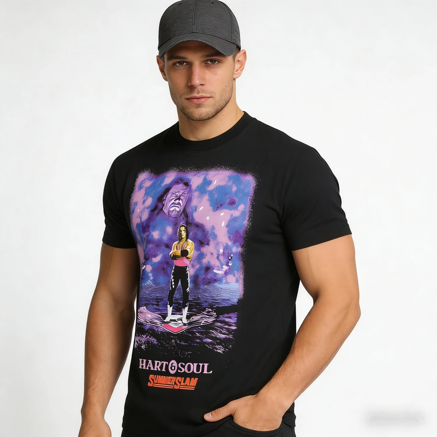 Фото Мужская черная футболка с винтажным принтом Bret Hart Hart&Soul, классическая модная модель, свободного кроя, дышащая, подходит для активного отдыха на природе №3