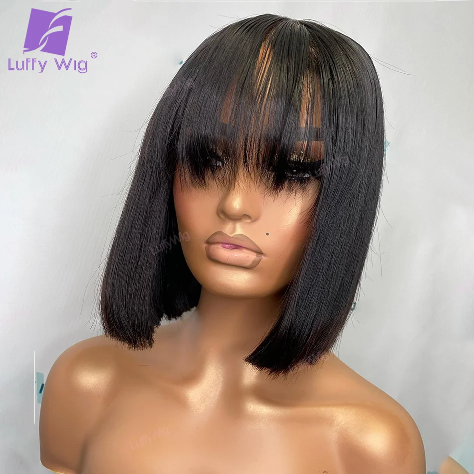 Short Silky Straight Bob With Fringe Bangs Remy Brazilian Full Machine Made Cheap O Fake Scalp Top Human Hair Wigs For Woman