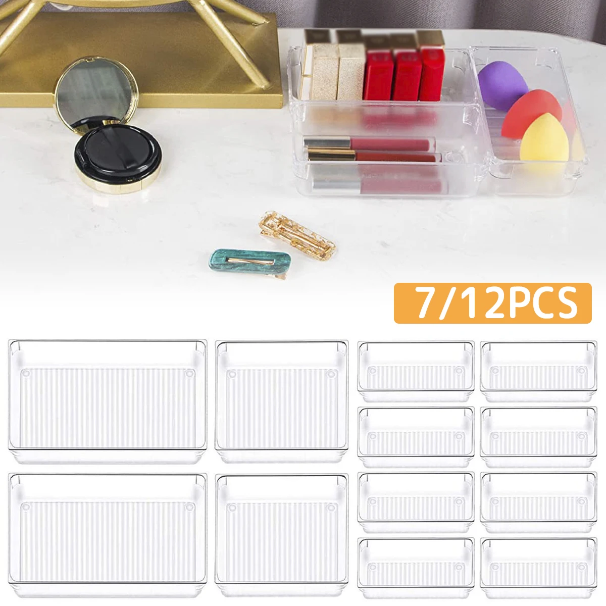 

7/12 Pcs Drawer Organizers 4-Size Clear Acrylic Drawer Organizer Containers Desk Drawer Organizer Trays with Non-Slip Pads Stora