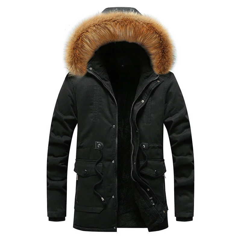 Male Overcoat Winter Warm Fluffy Coat Long Hooded Cotton Black Jacket Boys Lace Up Thick Parka Men Windbreaker Oversized Jacket